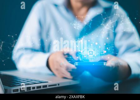 Gli strumenti DI INTELLIGENZA ARTIFICIALE possono generare concetti aziendali analizzando i dati, con i robot che svolgono un ruolo cruciale in questo background basato sulla tecnologia. intelligenza artificiale, generazione, background Foto Stock