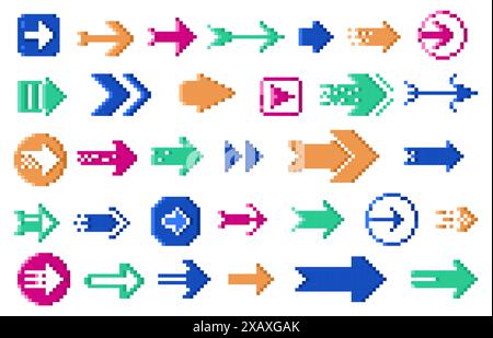 Frecce pixel a 8 bit. Cursori di navigazione retrospettivi tratteggiati, puntatori retrospettivi a 8 bit, icone a freccia retrospettiva a 8 bit. Set di elementi di gioco Vector a 8 bit. Illustrazione Vettoriale