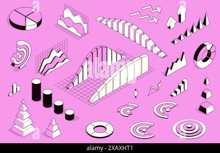 Schema infografico isometrico. Modello di presentazione globale lineare astratto con grafici e diagrammi 3D, concetto di business plan per report statistici Illustrazione Vettoriale