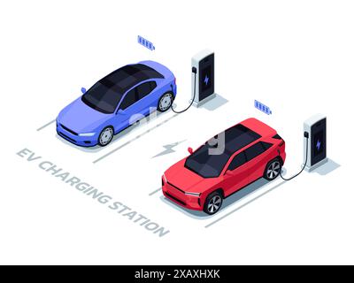 Auto isometriche in carica. Stazione di ricarica per veicoli elettrici con auto, parcheggio di ricarica eco-compatibile. Illustrazione vettoriale Illustrazione Vettoriale