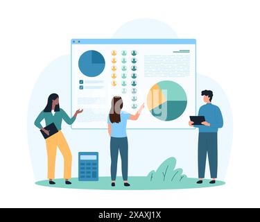 Ricerca sociologica, demografia, analisi globale dei dati da parte dei sociologi. Le persone più piccole studiano il grafico a torta infografico della distribuzione della società in gruppi umani sui risultati delle indagini sull'illustrazione vettoriale dei cartoni animati Illustrazione Vettoriale