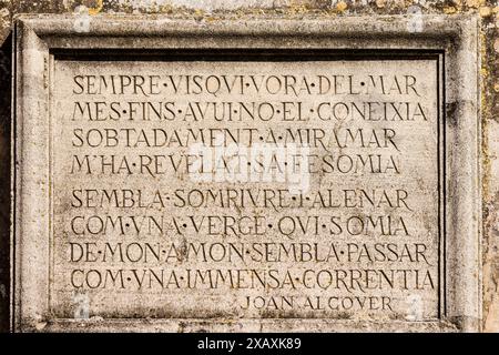 Testo di Joan Alcover, Monastero di Miramar, Valldemossa, fondato nel 1276 da Jaume II, su richiesta di Ramon Llull, Maiorca, Isole baleari, spai Foto Stock