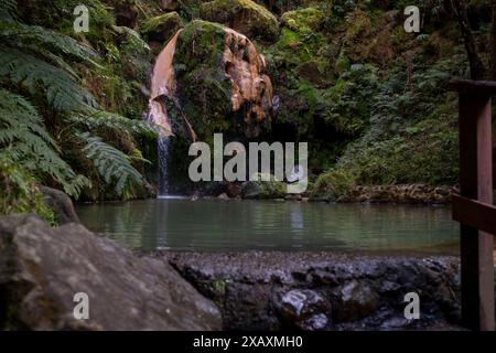 Cascata di Caldeira Velha, sorgenti termali naturali. Ribeira grande, Sao Miguel, Azzorre, Portogallo Foto Stock