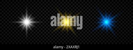Effetto luminoso dei brillamenti dell'obiettivo. Set di tre luci luminose bianche, gialle e blu che brillano sullo sfondo trasparente. Il vettore Illustrazione Vettoriale
