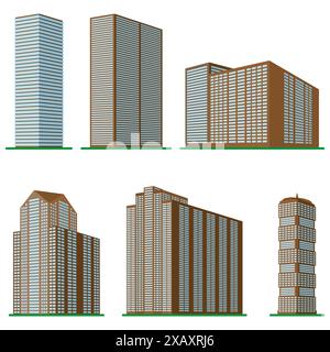 Si compone di sei alti e moderni edifici su sfondo bianco. Vista dell'edificio dal basso. Illustrazione vettoriale isometrica. Illustrazione Vettoriale