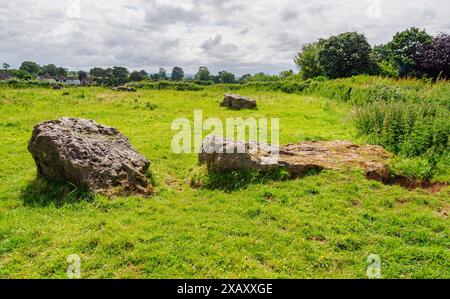 Le pietre di Sarsen di Stanton Drew in pietra neolitica circondano il secondo antiquario più grande della Gran Bretagna nel Somerset nel Regno Unito Foto Stock