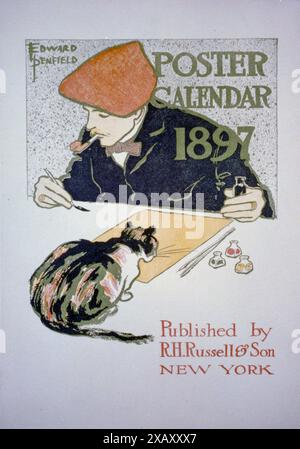 Calendario poster 1897 / Edward Penfield | poster mostra un artista che dipinge come un gatto, seduto sul tavolo, orologi. Foto Stock