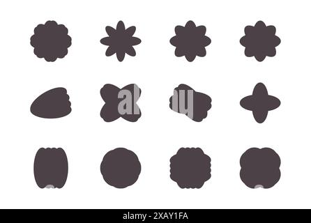 Elementi geometrici futuristici. Figure minimaliste astratte, stelle, fiori, cerchi. Elementi di progettazione grafica. Illustrazione vettoriale isolata su b nero Foto Stock