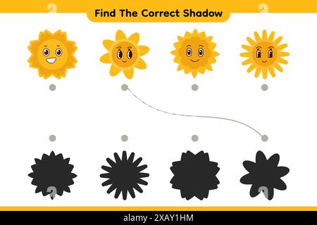 Bel sorriso sole. Trovare l'ombra corretta. Gioco educativo per bambini. Cartone animato vettoriale. Foto Stock