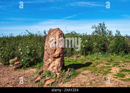 Arenaria Menir da Vilarinha, risalente al 6000-4500 a.C., sulle colline asciutte vicino a vale Fuzeiros, Algarve in Portogallo. Circuito Arqueologico da Vilarinha Foto Stock