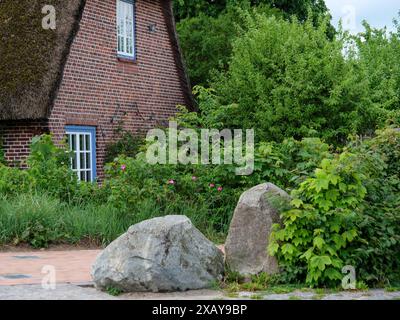 Una casa in mattoni circondata da lussureggianti piante verdi e grandi rocce in un tranquillo giardino, Eckernfoerde, Schleswig-Holstein, Germania Foto Stock