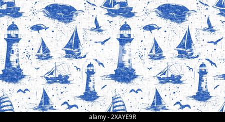 Barca a vela costiera in azzurro sfondo blu del confine. Moderna stampa a blocchi per barche a vela per tessuti decorativi per interni Coast Foto Stock