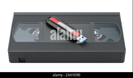 Videocassetta VHS con unità flash USB, rendering 3D isolato su sfondo bianco Foto Stock