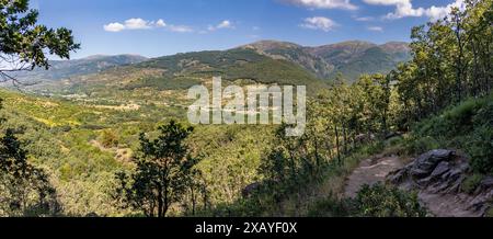 Panorámica de la ruta a los Pilones, en el Valle del Jerte, en la Garganta de los Infiernos. La vegetación es abundante. Cáceres, España Foto Stock