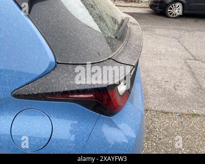 Cremona, Italia - 9 giugno 2024 dettaglio di un'auto grigia ricoperta di sabbia e polvere da una tempesta di sabbia in un ambiente urbano Foto Stock