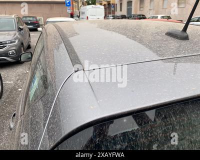 Cremona, Italia - 9 giugno 2024 dettaglio di un'auto grigia ricoperta di sabbia e polvere da una tempesta di sabbia in un ambiente urbano Foto Stock