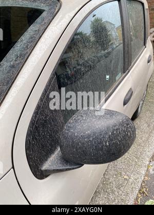 Cremona, Italia - 9 giugno 2024 l'auto d'argento parcheggiata su una strada cittadina è coperta da uno spesso strato di polvere dopo una tempesta di sabbia, concetto di cambiamento climatico Foto Stock