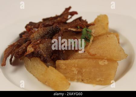 Delizioso pasto teloh terie su un piatto bianco. Cucina giavanese Surinamese. Messa a fuoco selettiva. Foto Stock