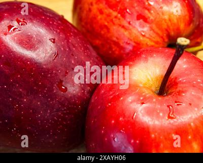 Gocce d'acqua di mele rosse. Mele succose con gocce d'acqua, ideali per la pubblicità al mercato della frutta. Foto Stock