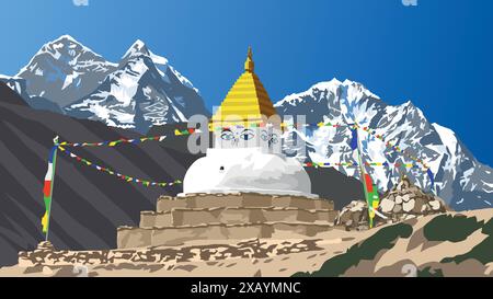 Stupa buddhista o corten, strada per il campo base del monte Everest, le montagne dell'himalaya, il buddismo nella valle di Khumbu sotto il monte Everest, Nepal Illustrazione Vettoriale