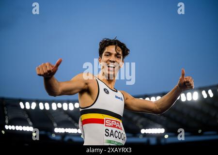 Roma, Italia. 9 giugno 2024. Il belga Jonathan Sacoor festeggia dopo i Campionati europei di atletica leggera a Roma, in Italia, domenica 09 giugno 2024. I Campionati europei di atletica leggera si svolgono dal 7 al 12 giugno. BELGA PHOTO JASPER JACOBS credito: Belga News Agency/Alamy Live News Foto Stock