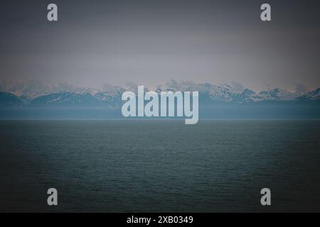 Una vista mozzafiato della vasta costa dell'Alaska con montagne innevate in lontananza, creando un paesaggio sereno e maestoso che cattura Foto Stock