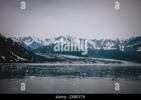 Scopri la maestosa bellezza dei paesaggi glaciali dell'Alaska, con maestose montagne innevate e acque ghiacciate, perfette per catturare le esse Foto Stock