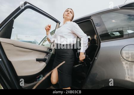 Donna d'affari sicura che esce dall'auto per una riunione all'aperto Foto Stock
