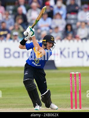 Bristol, Regno Unito, 9 giugno 2024. Daniel Hughes del Sussex batte durante il Vitality Blast match T20 tra Gloucestershire e Sussex Sharks. Crediti: Robbie Stephenson/Gloucestershire Cricket/Alamy Live News Foto Stock