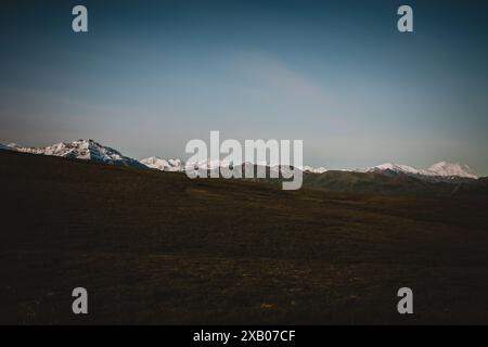 Scopri la vastità della catena montuosa dell'Alaska immersa nella luce soffusa dell'alba. Ideale per temi di natura, avventura e serenità, showcasin Foto Stock