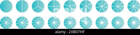 Grafico a torta con segmenti diversi in un diagramma circolare. grafico delle ruote diviso in parti e sezioni. Illustrazione vettoriale piatta isolata su bianco Illustrazione Vettoriale