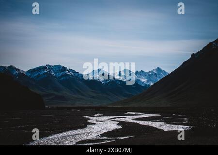 Cattura la bellezza serena di un fiume dell'Alaska che si snoda attraverso un maestoso paesaggio montano. Perfetto per la natura, i viaggi e i progetti di avventura, spettacolo Foto Stock