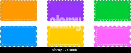 Impostare o colorare le patch rettangolari con bordi smerlati e linee di Unione. Etichette, etichette o coupon scatole rettangolari con bordi curvati isolati su sfondo bianco. Illustrazione piatta vettoriale. Illustrazione Vettoriale