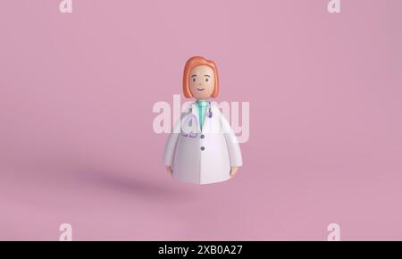 Illustrazione 3D di un personaggio medico femminile con uno stetoscopio, su sfondo rosa, che rappresenta la salute e la professione medica. Foto Stock
