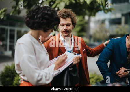 Incontro di lavoro all'aperto con professionisti creativi che discutono idee e strategie Foto Stock