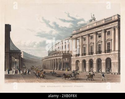 Una stampa incisione colorata di una vista del Quadrant Regent Street di Londra nello skyline del XIX secolo del 1822 e del paesaggio urbano prospettiva storica che incide l'acquerello, il incisore John Bluck, dopo Thomas Hosmer Shepherd, pubblicato da Rudolph Ackermann vecchia stampa antica Foto Stock