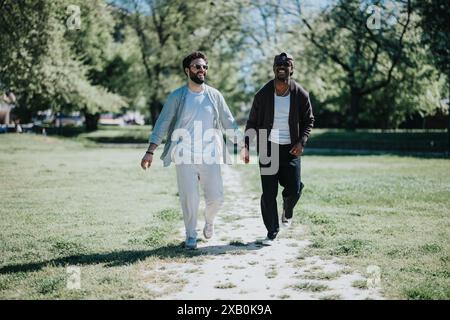 Felice coppia gay che si tiene per mano e si gode una giornata di sole nel parco Foto Stock