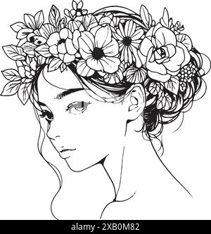 Elegante ritratto lineare di una giovane donna con fiori nei capelli, creato con graziose linee nere su sfondo bianco, in stile boho. Glamour, Illustrazione Vettoriale