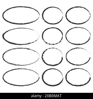 Icone ovali grunge. Vettore disegnato a mano. Forme arrotondate astratte. Design bianco e nero. Illustrazione Vettoriale
