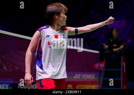 Giacarta, Indonesia. 9 giugno 2024. CHEN Yu Fei, cinese, festeggia dopo aver vinto la finale del 6° giorno del Kapal API Indonesia Open contro UN se Young della Corea del Sud all'Istora Gelora Bung Karno il 9 giugno 2024 a Giacarta, Indonesia Credit: IOIO IMAGES/Alamy Live News Foto Stock