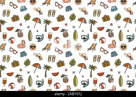 L'estate è caratterizzata da un motivo di coloratissimi oggetti da spiaggia, tra cui palme, occhiali da sole e ombrelloni. Illustrazione Vettoriale