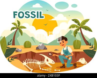 Fossil Vector illustrazione di archeologi che scoprono scheletri di dinosauri durante gli scavi, raffigurati su uno sfondo in stile mattone Illustrazione Vettoriale