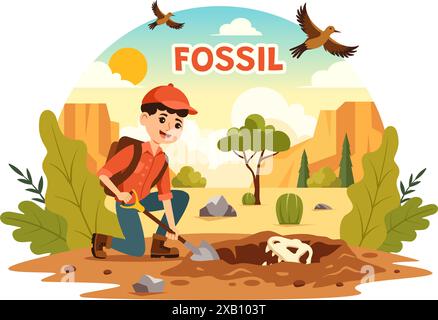 Fossil Vector illustrazione di archeologi che scoprono scheletri di dinosauri durante gli scavi, raffigurati su uno sfondo in stile mattone Illustrazione Vettoriale