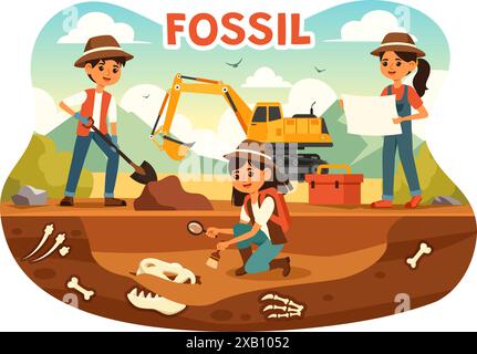 Fossil Vector illustrazione di archeologi che scoprono scheletri di dinosauri durante gli scavi, raffigurati su uno sfondo in stile mattone Illustrazione Vettoriale