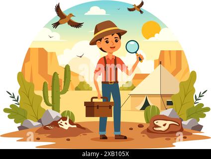 Fossil Vector illustrazione di archeologi che scoprono scheletri di dinosauri durante gli scavi, raffigurati su uno sfondo in stile mattone Illustrazione Vettoriale