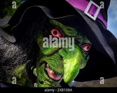 Statua della strega malvagia, maschera verde con grandi occhi e naso che indossa cappello nero, sorridendo con dente rotto, decorazione per Halloween Foto Stock