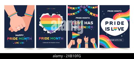 Set vettoriale per il mese del Pride di Vibrant LGBTQ. Celebra l'amore, la diversità e l'inclusione con Rainbow Colors e Empower Messages Illustrazione Vettoriale