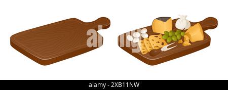 Set di piatti di formaggi con cibo e senza. Illustrazione vettoriale. Diversi tipi di formaggi e uva in stile realistico. Illustrazione Vettoriale