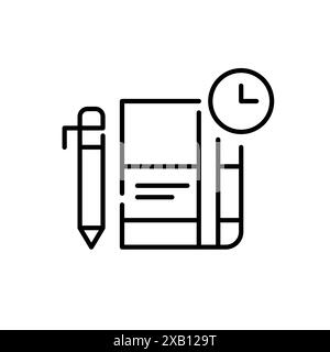 Agenda giornaliera, orologio e penna. Pianificazione produttiva, tempistiche per migliorare la produttività e le competenze di gestione del tempo. Pixel Perfect, traccia modificabile V Illustrazione Vettoriale