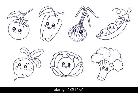 Graziose verdure della linea kawaii in stile cartoni animati. Contorno della raccolta di caratteri di verdure. Libro da colorare Illustrazione Vettoriale